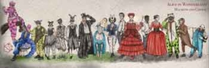 Watercolor illustration of Alice in Wonderland characters.
